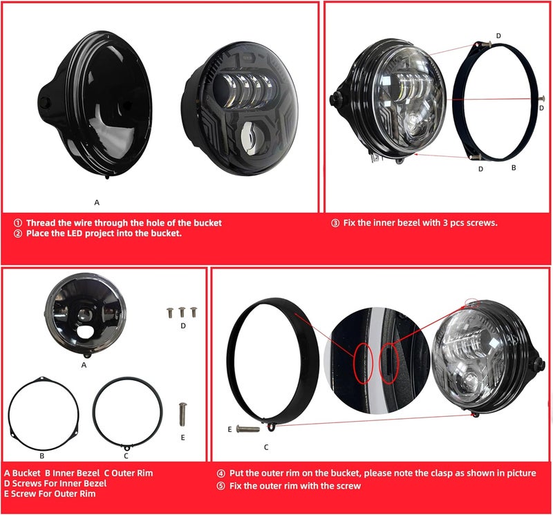 FATECIM 5.75" Round Motorcycle Headlight Bucket Housing Side Mount 5-3/4 Inch LED Headlamp Shell Protective Cover for Harley Kawasaki Honda Yamaha Suzuki Chopper Cafe Racer Bobber Gloss Black - Image 5